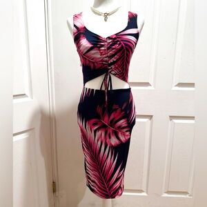 Meek Y2K Tropical Pink Navy Blue Leaf Print Cut Out Bodycon Midi Dress